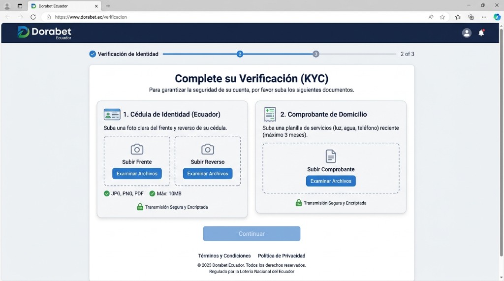 Carga de cédula y comprobante de domicilio en el flujo KYC de Dorabet
